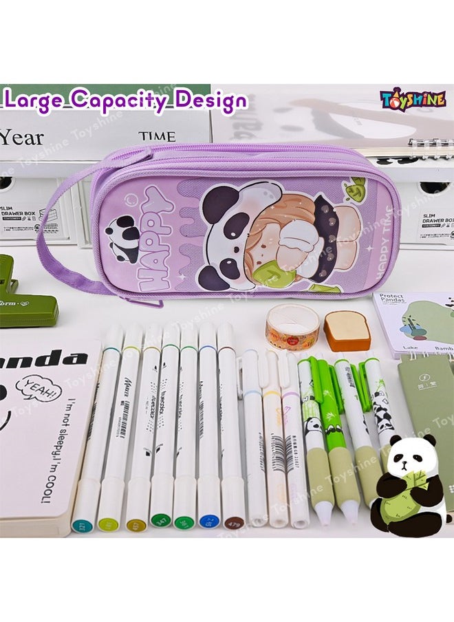 Toyshine Panda Theme 2 Layer Large Capacity Handheld Multifunctional Pencil Pouch for School Kids Students Cute Stationary Gift for Girls Boys - Purple