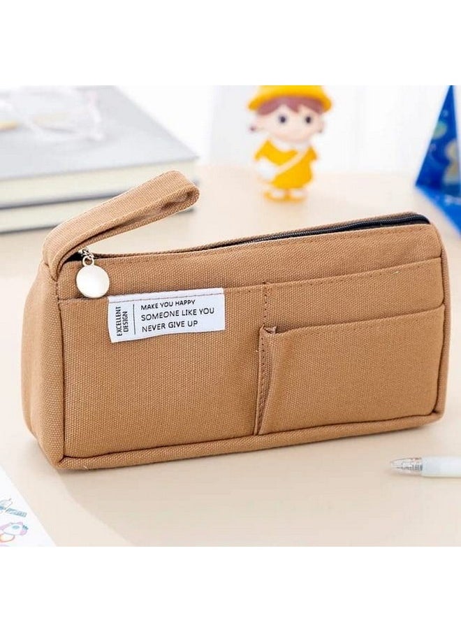 Mayatra's Large Capacity Pencil Bag, Stationery Pouch,Canvas Cotton Linen Pencil Pouch with Handle, Portable Makeup Bag, Case Cute Stationery Bag for Students Girls Adults Office (Brown)