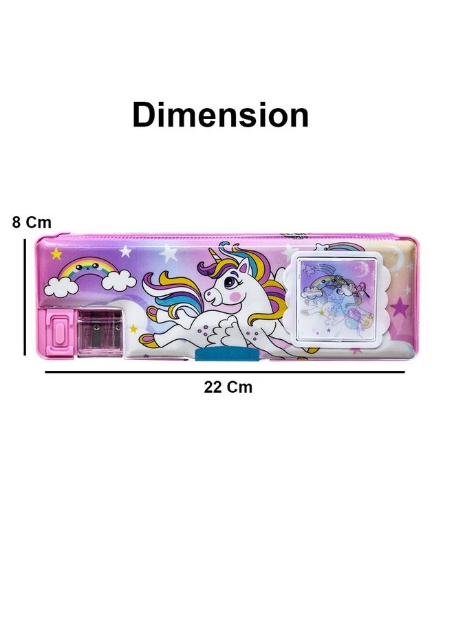 PARTEET Unicorn Printed Pencil Box Combo 1 Dual Side Magnetic Pencil Box with 1Lead Pencil, 1Scale, 1Glitter Pen, 1 Eraser, 1Stick Notes and Water Colours -Stationary Organizer for Kids.
