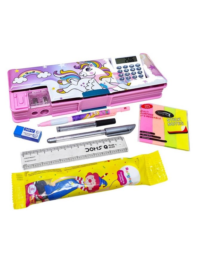 PARTEET Unicorn Printed Pencil Box Combo 1 Dual Side Magnetic Pencil Box with 1Lead Pencil, 1Scale, 1Glitter Pen, 1 Eraser, 1Stick Notes and Water Colours -Stationary Organizer for Kids.