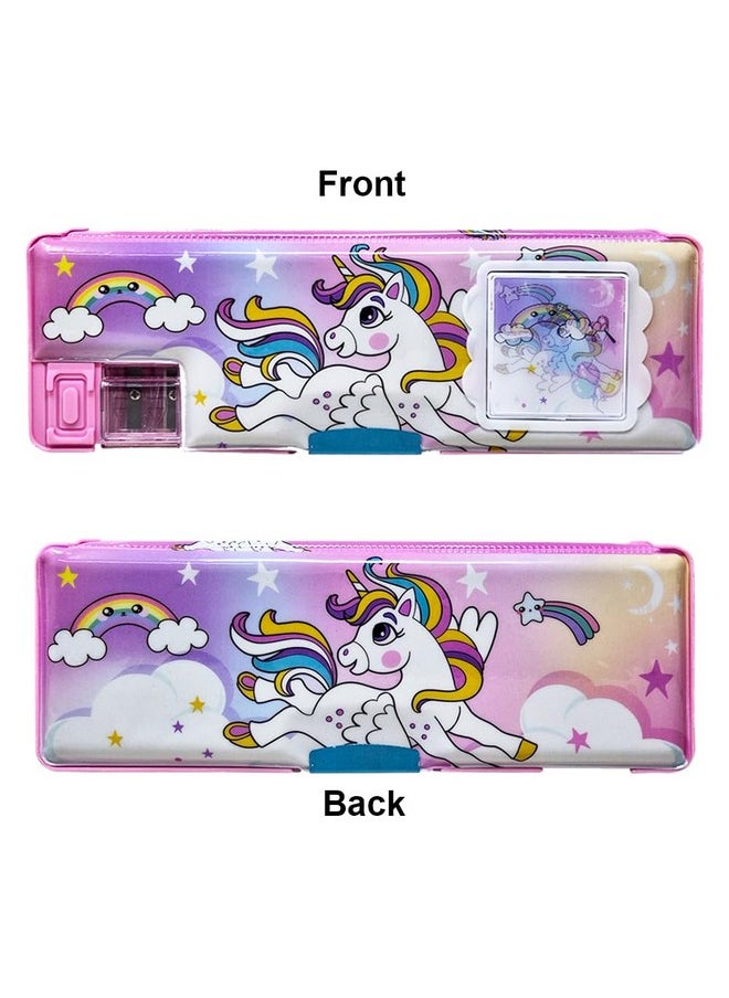 PARTEET Unicorn Printed Pencil Box Combo 1 Dual Side Magnetic Pencil Box with 1Lead Pencil, 1Scale, 1Glitter Pen, 1 Eraser, 1Stick Notes and Water Colours -Stationary Organizer for Kids.