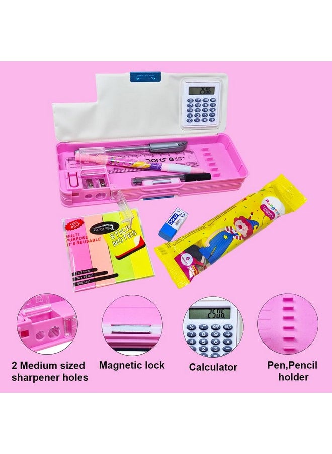 PARTEET Unicorn Printed Pencil Box Combo 1 Dual Side Magnetic Pencil Box with 1Lead Pencil, 1Scale, 1Glitter Pen, 1 Eraser, 1Stick Notes and Water Colours -Stationary Organizer for Kids.