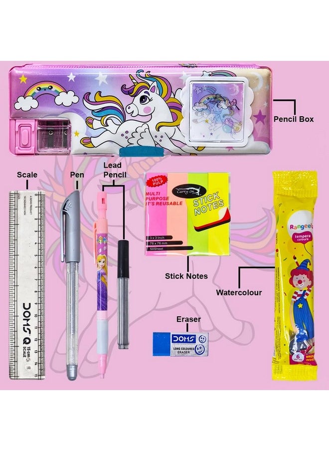 PARTEET Unicorn Printed Pencil Box Combo 1 Dual Side Magnetic Pencil Box with 1Lead Pencil, 1Scale, 1Glitter Pen, 1 Eraser, 1Stick Notes and Water Colours -Stationary Organizer for Kids.