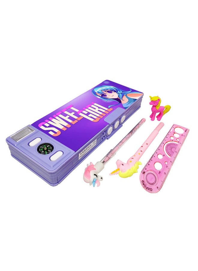 PARTEET Combo (Pack Of 5 Items) 1Password Protected Pencil Box,1Gel Pen,1Pencil,1Unicorn Eraser&1 Scale For Kids(A),Blue