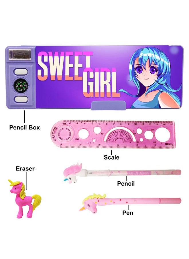 PARTEET Combo (Pack Of 5 Items) 1Password Protected Pencil Box,1Gel Pen,1Pencil,1Unicorn Eraser&1 Scale For Kids(A),Blue