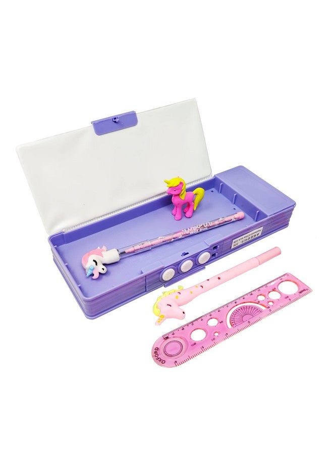 PARTEET Combo (Pack Of 5 Items) 1Password Protected Pencil Box,1Gel Pen,1Pencil,1Unicorn Eraser&1 Scale For Kids(A),Blue