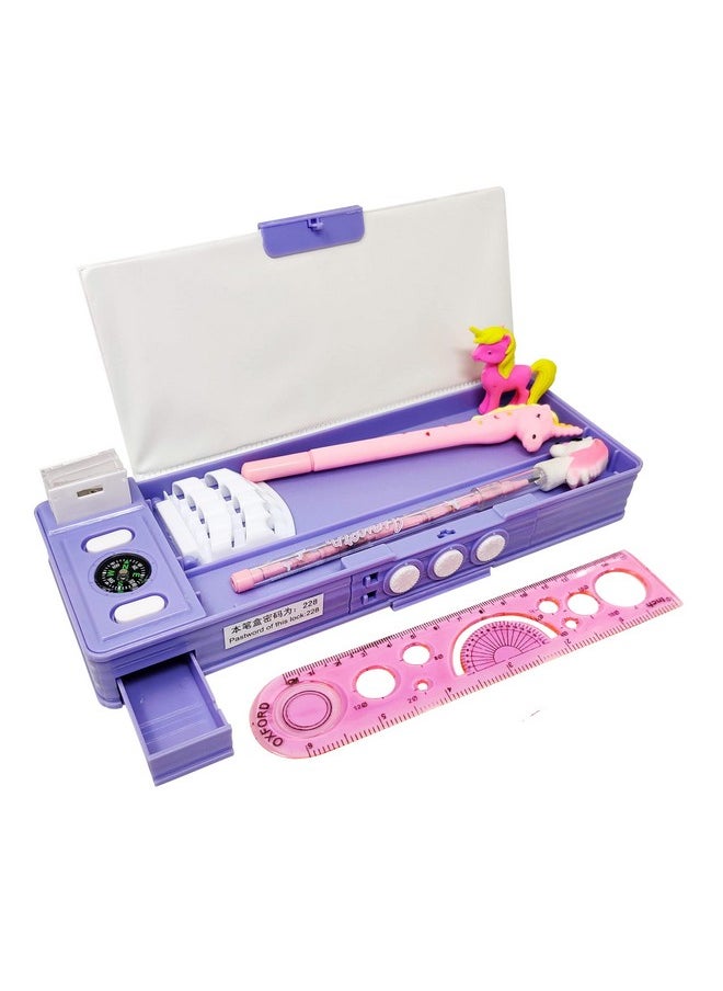 PARTEET Combo (Pack Of 5 Items) 1Password Protected Pencil Box,1Gel Pen,1Pencil,1Unicorn Eraser&1 Scale For Kids(A),Blue