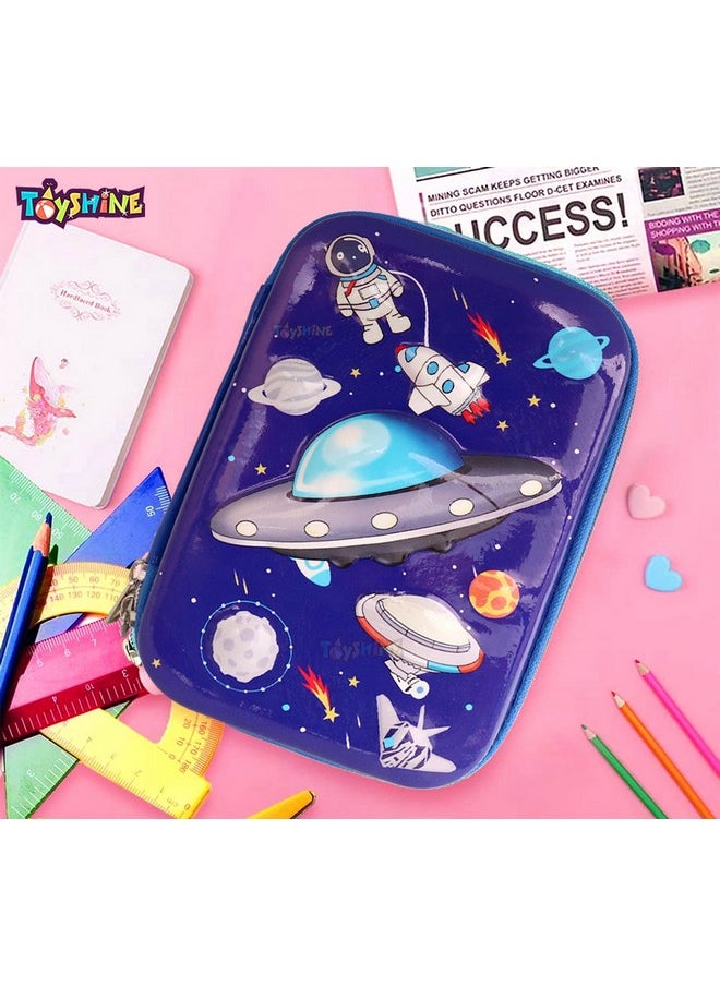 Toyshine Space Theme Hardtop Pencil Case with Compartments - Kids Large Capacity School Supply Organizer Students Stationery Box - Girls Boys Pen Pouch, Dark Blue