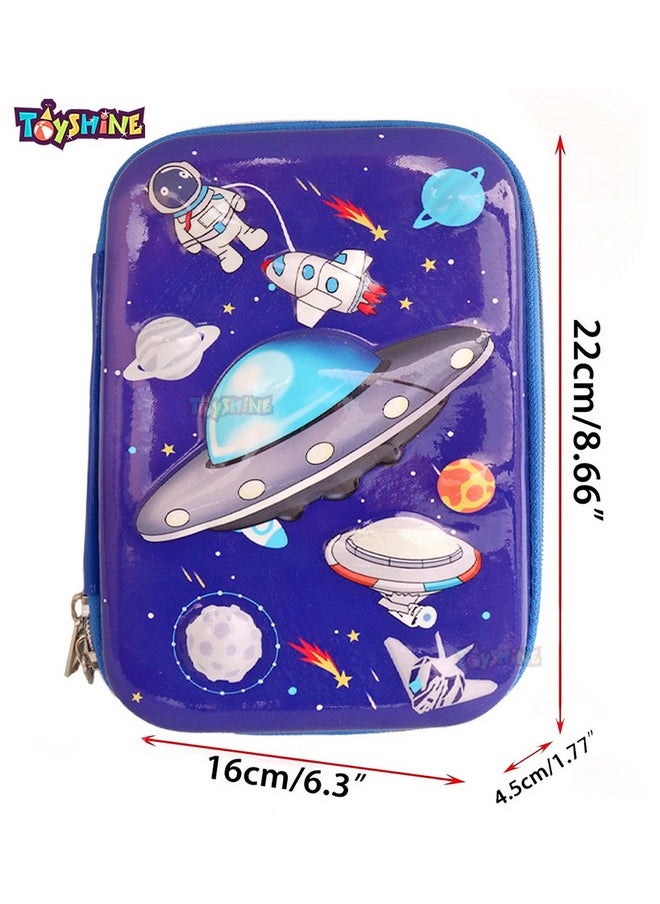 Toyshine Space Theme Hardtop Pencil Case with Compartments - Kids Large Capacity School Supply Organizer Students Stationery Box - Girls Boys Pen Pouch, Dark Blue