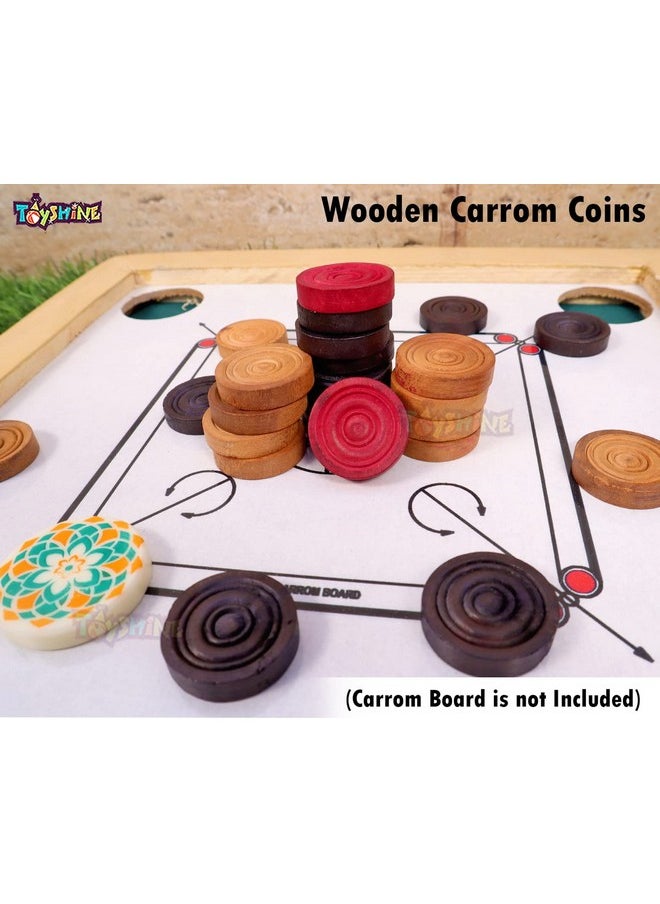 Toyshine Carrom Playing Coins and Powder - 24 Wooden Coins 2 Striker 1 Carrom Powder