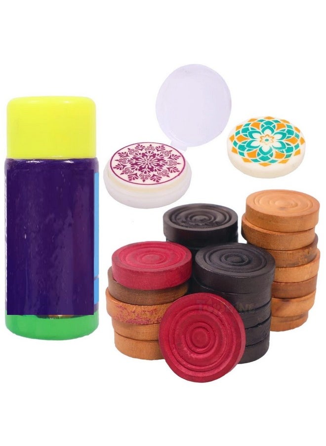 Toyshine Carrom Playing Coins and Powder - 24 Wooden Coins 2 Striker 1 Carrom Powder