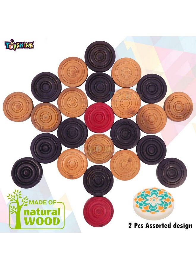 Toyshine Carrom Playing Coins and Powder - 24 Wooden Coins 2 Striker 1 Carrom Powder