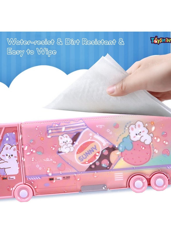 Toyshine Sunny Rabbit Double Compartment Bus Pencil Box with Moving Tyres Button Enabled Storages and Sharpner for Kids - Pink