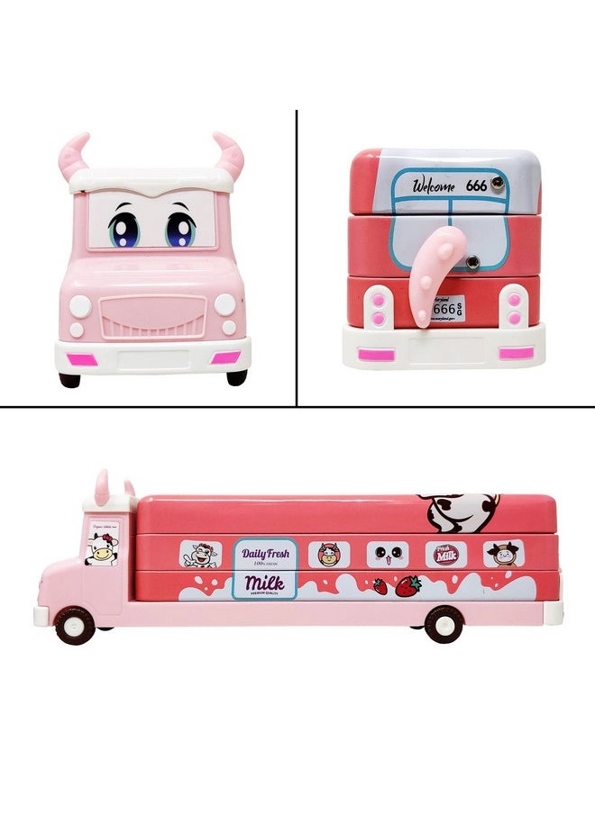 PARTEET Pencil Box for Kids Bus with Moving Tyres with 5 Pencils,2 Sharpener and 1 Scale for Kids Truck Geometry Box for Kids (Cow Truck Case) Assorted Color