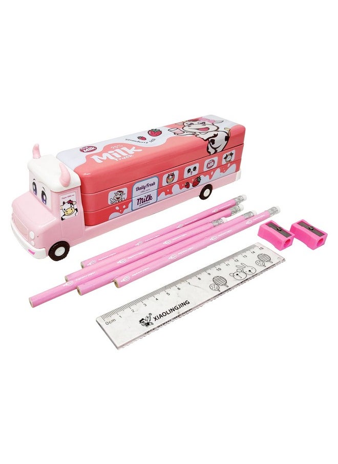 PARTEET Pencil Box for Kids Bus with Moving Tyres with 5 Pencils,2 Sharpener and 1 Scale for Kids Truck Geometry Box for Kids (Cow Truck Case) Assorted Color
