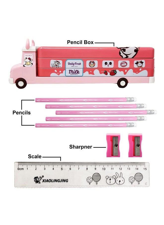 PARTEET Pencil Box for Kids Bus with Moving Tyres with 5 Pencils,2 Sharpener and 1 Scale for Kids Truck Geometry Box for Kids (Cow Truck Case) Assorted Color