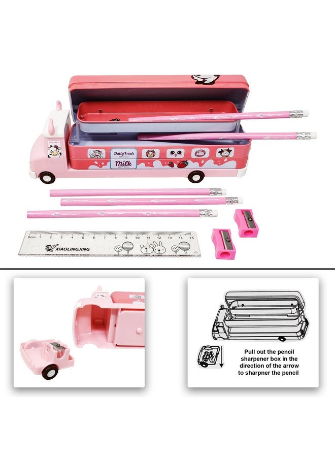 PARTEET Pencil Box for Kids Bus with Moving Tyres with 5 Pencils,2 Sharpener and 1 Scale for Kids Truck Geometry Box for Kids (Cow Truck Case) Assorted Color