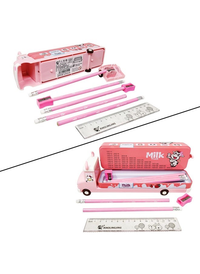 PARTEET Pencil Box for Kids Bus with Moving Tyres with 5 Pencils,2 Sharpener and 1 Scale for Kids Truck Geometry Box for Kids (Cow Truck Case) Assorted Color