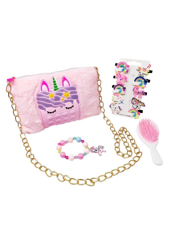 PARTEET Unicorn Fur Princess Cute Crossbody Handbags for Girls with 1 Unicorn Fur Purse, 1 Unicorn Comb, 1 Unicorn Bracelet & 10 Unicorn Clip for Kids (Pack of 4 Items)