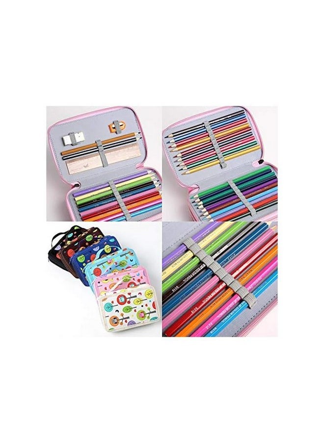 Happy Kids 32 Slots 2 Layers Artist Pencil Pouch Nature Art Canvas Pencil Box (Pink)