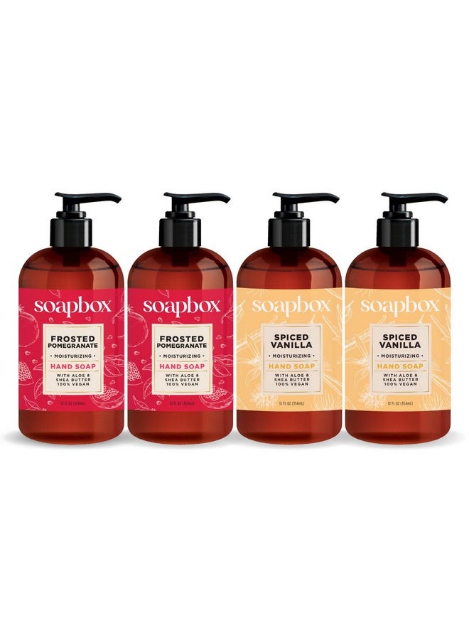 Soapbox Winter Hand Soaps, Spiced Vanilla & Frosted Pomegranate Liquid Hand Soap, Moisturizing Hand Soap Wash, Shea Butter & Aloe, Pack of 4, 12oz