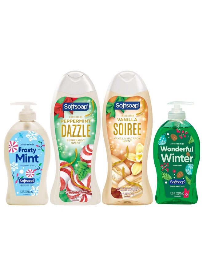 Softsoap Limited Edition Liquid Holiday Hand Soap and Moisturizing Body Wash Bundle, Including Peppermint and Pine Liquid Hand Soaps, Vanilla and Peppermint Body Washes, 4 Piece Gift Set