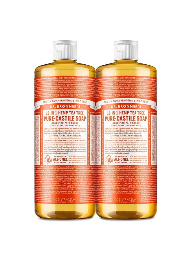 Dr. Bronner's - Pure-Castile Liquid Soap (Tea Tree, 32 ounce, 2-Pack) - Made with Organic Oils, 18-in-1 Uses: Acne-Prone Skin, Dandruff, Laundry, Pets and Dishes, Concentrated, Vegan