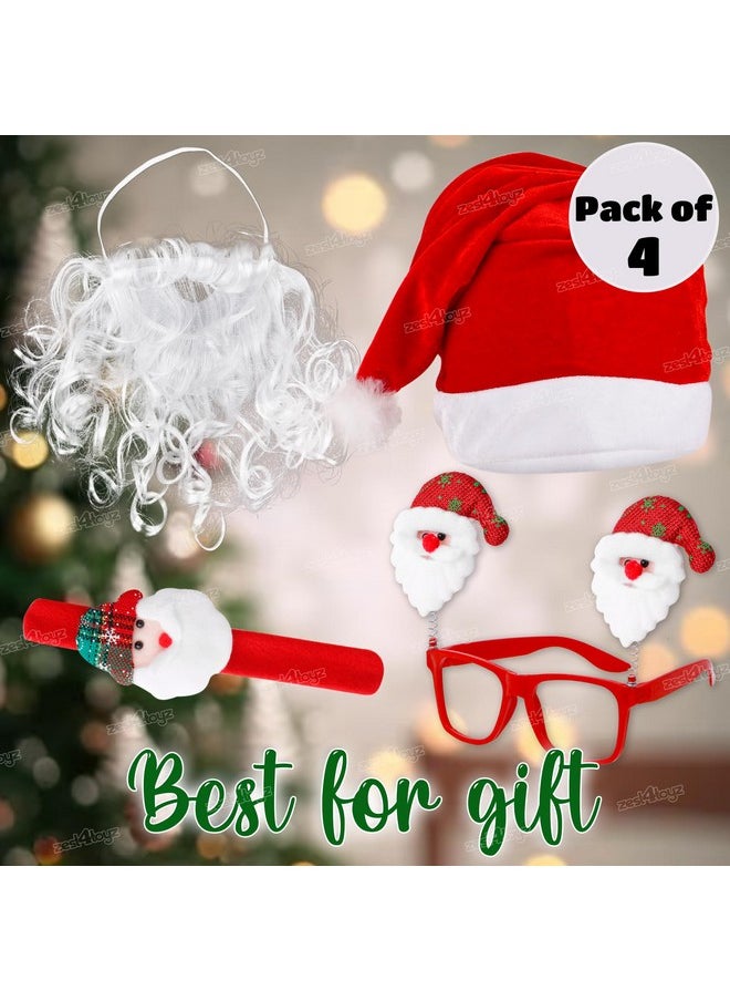 Zest 4 Toyz Christmas Accessories for Kids (Pack of 4) 1 Velvet Cap,1 Beard,1 Goggle Frame & 1 Slap Wristband Bracelet Christmas Holiday Party Supplies