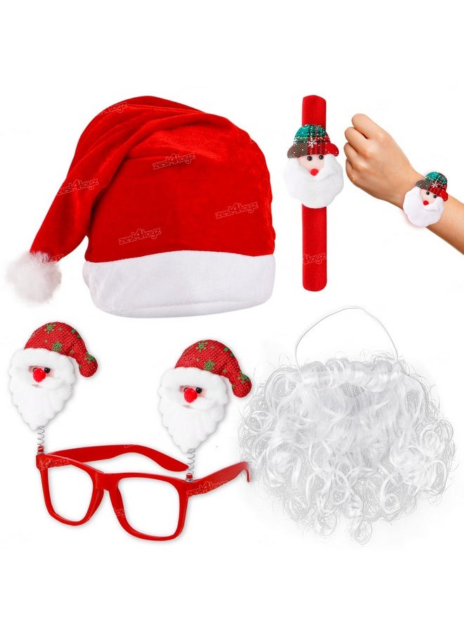 Zest 4 Toyz Christmas Accessories for Kids (Pack of 4) 1 Velvet Cap,1 Beard,1 Goggle Frame & 1 Slap Wristband Bracelet Christmas Holiday Party Supplies
