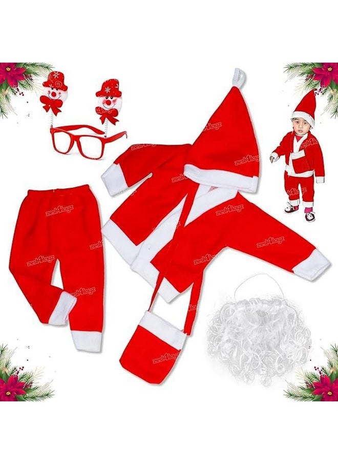 Zest 4 Toyz Synthetic Woven Santa Claus Dress For Kids Christmas Costume Dress With Jacket Pant Cap Goggles Beard And Pouch Santa Dress For Boys And Girls - Age 2 To 3 Years Old, Red
