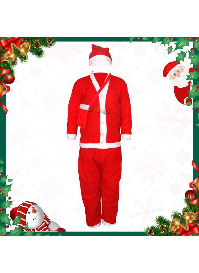 Zest 4 Toyz Synthetic Woven Santa Claus Dress For Kids Christmas Costume Dress With Jacket Pant Pouch And Cap Santa Dress For Boys And Girls - Age 7 To 10 Years Old, Red