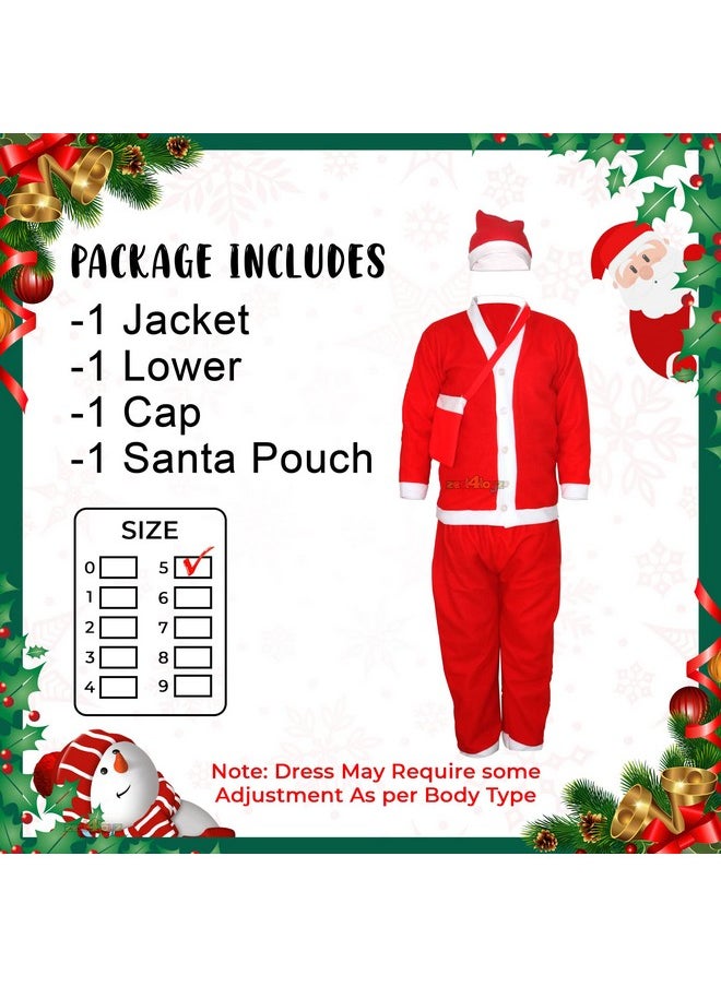 Zest 4 Toyz Synthetic Woven Santa Claus Dress For Kids Christmas Costume Dress With Jacket Pant Pouch And Cap Santa Dress For Boys And Girls - Age 7 To 10 Years Old, Red