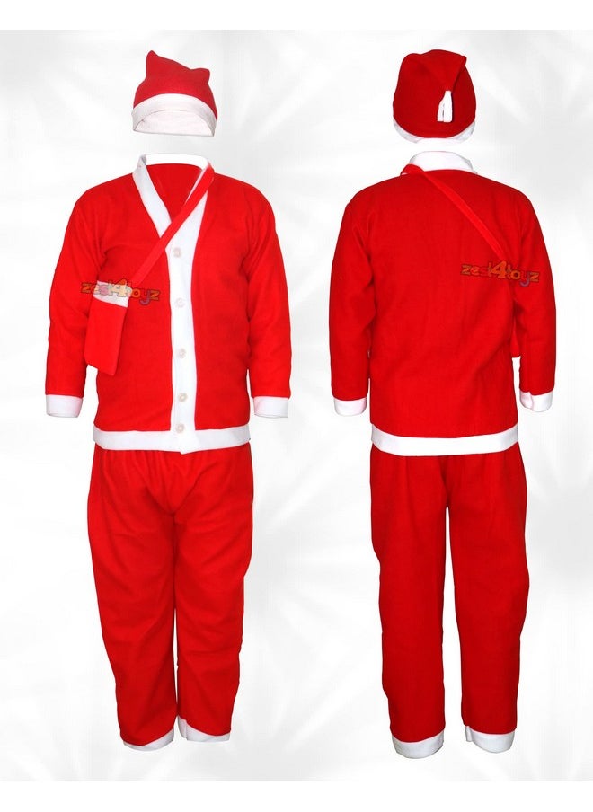 Zest 4 Toyz Synthetic Woven Santa Claus Dress For Kids Christmas Costume Dress With Jacket Pant Pouch And Cap Santa Dress For Boys And Girls - Age 7 To 10 Years Old, Red