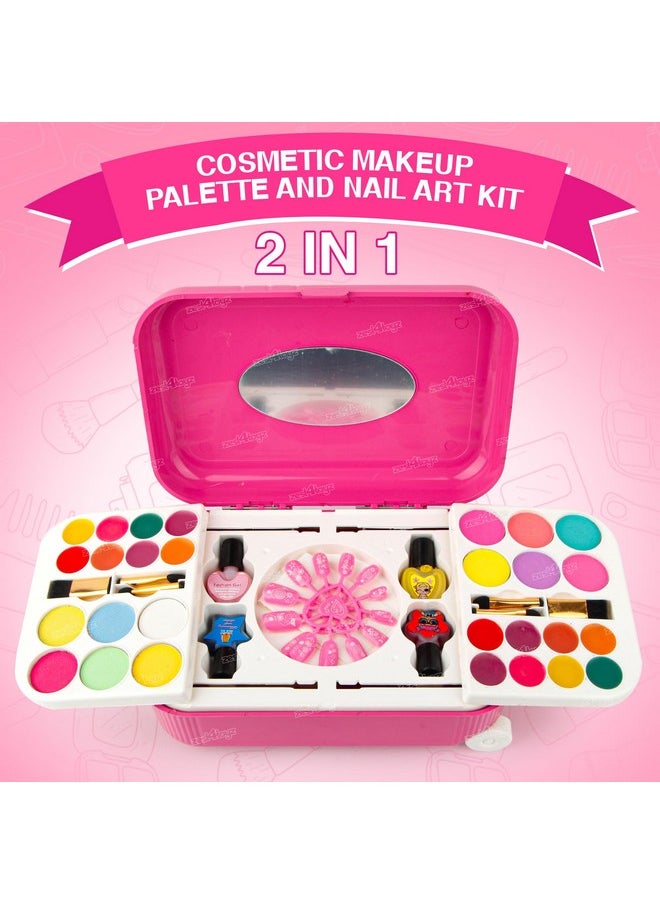 Zest 4 Toyz 2 in 1 Cosmetic Makeup Palette and Nail Art Kit for Kids with Portable Trolly Bag | Pretend Play Toy for Girls -Plastic , Multicolor
