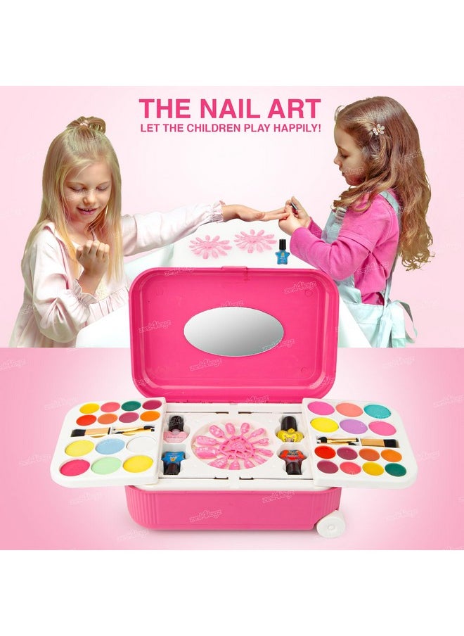 Zest 4 Toyz 2 in 1 Cosmetic Makeup Palette and Nail Art Kit for Kids with Portable Trolly Bag | Pretend Play Toy for Girls -Plastic , Multicolor