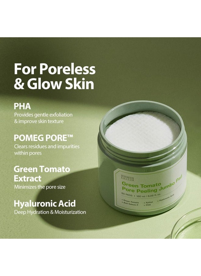 SUNGBOON EDITOR Green Tomato Pore Peeling Jumbo Pore Pad 60 Sheets | Pore Minimizer for Face | Exfoliating Pads with PHA, Green Tomato Extract, Hyaluronic Acid | Korean Skin Care