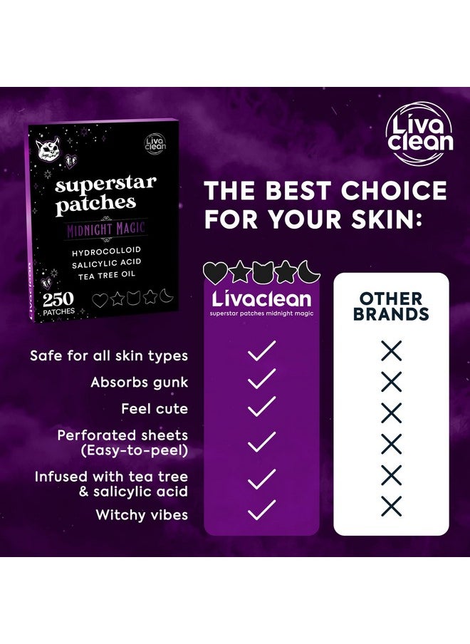 LivaClean 250CT Black Star Pimple Patches Midnight Magic w/Salicylic Acid & Tea Tree Oil - Pimple Patches for Face, Hydrocolloid Acne Patches, Cute Face Stickers, Zit Patches