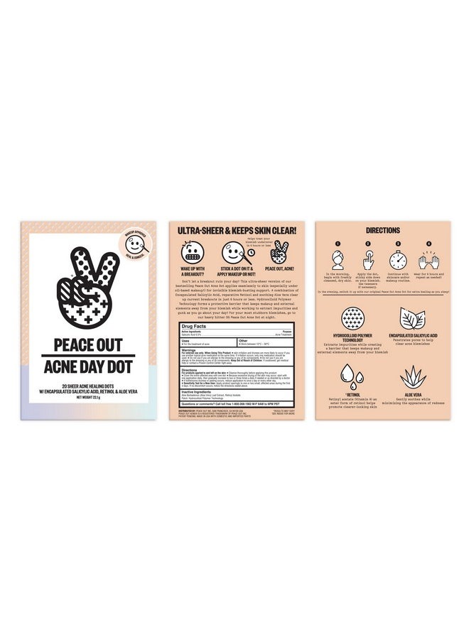 PEACE OUT Skincare Acne Day Dot. 6-hour Fast Acting Sheer Hydrocolloid Pimple Patches with Salicylic Acid, Ultra-Thin, Virtually Invisible, Quickly Clear Breakouts, Blemishes and Zits, 20 dots