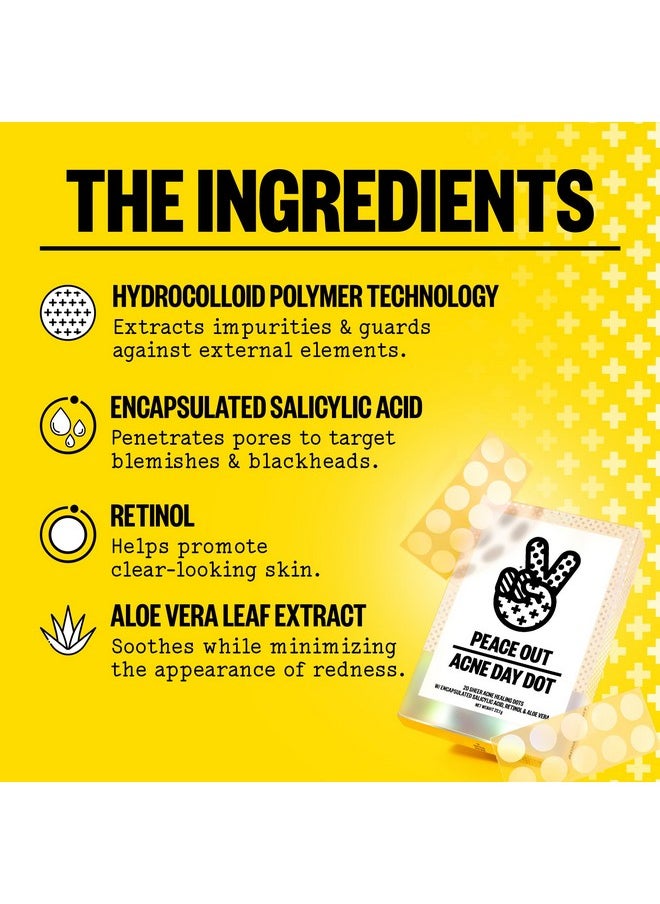PEACE OUT Skincare Acne Day Dot. 6-hour Fast Acting Sheer Hydrocolloid Pimple Patches with Salicylic Acid, Ultra-Thin, Virtually Invisible, Quickly Clear Breakouts, Blemishes and Zits, 20 dots