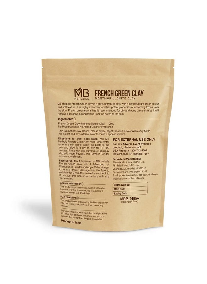 MB Herbals French Green Clay 1 lb | 16 oz One Pound Large Economy Pack | 100% Pure Montmorillonite Clay | Absorbs Excess Oil | Detoxifies Skin | Highly Recommended For Oily Skin
