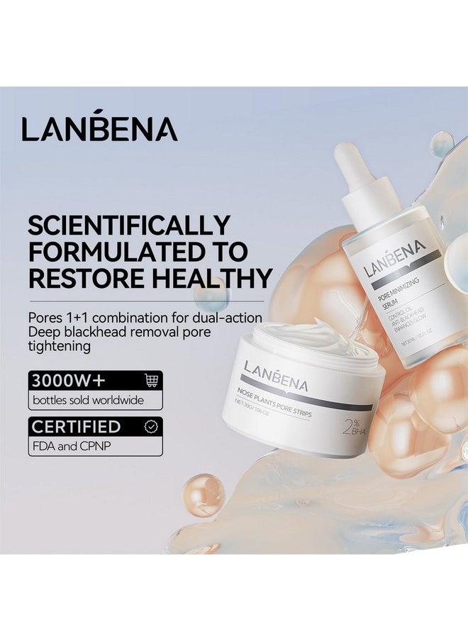 LANBENA 3-in-1 Blackhead Removal Set - Pore Strips (30g), Pore Minimizing Serum (30ml) & Removal Paper - Mask for Face, Minimizes Pores & Leaves Skin Fresh & Clean, Blackhead Remover