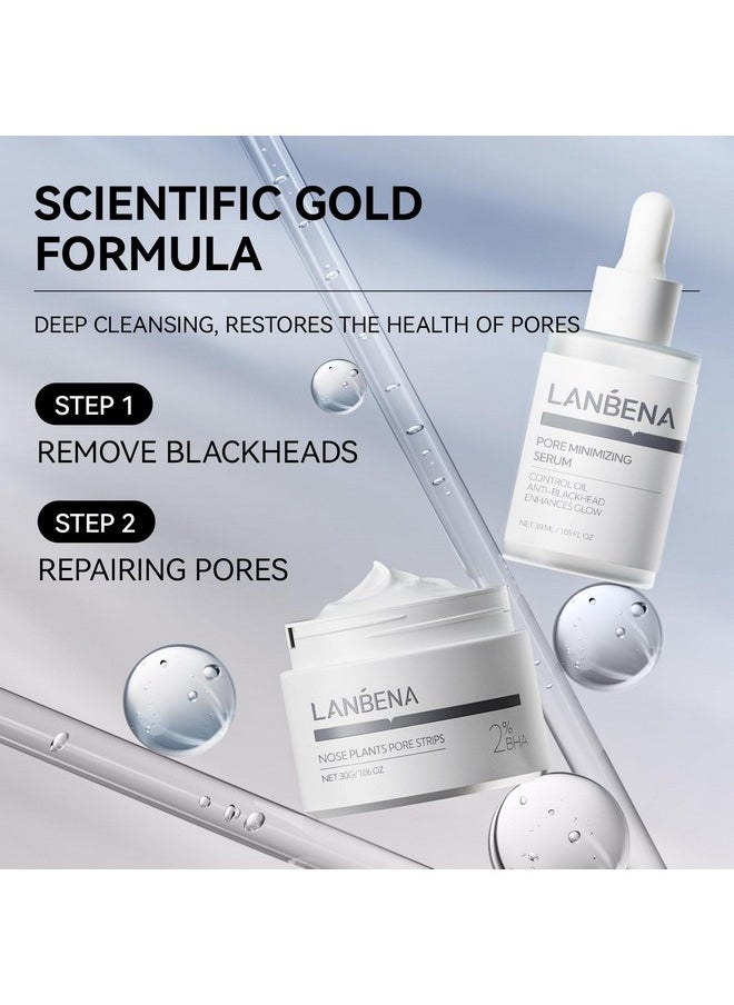 LANBENA 3-in-1 Blackhead Removal Set - Pore Strips (30g), Pore Minimizing Serum (30ml) & Removal Paper - Mask for Face, Minimizes Pores & Leaves Skin Fresh & Clean, Blackhead Remover