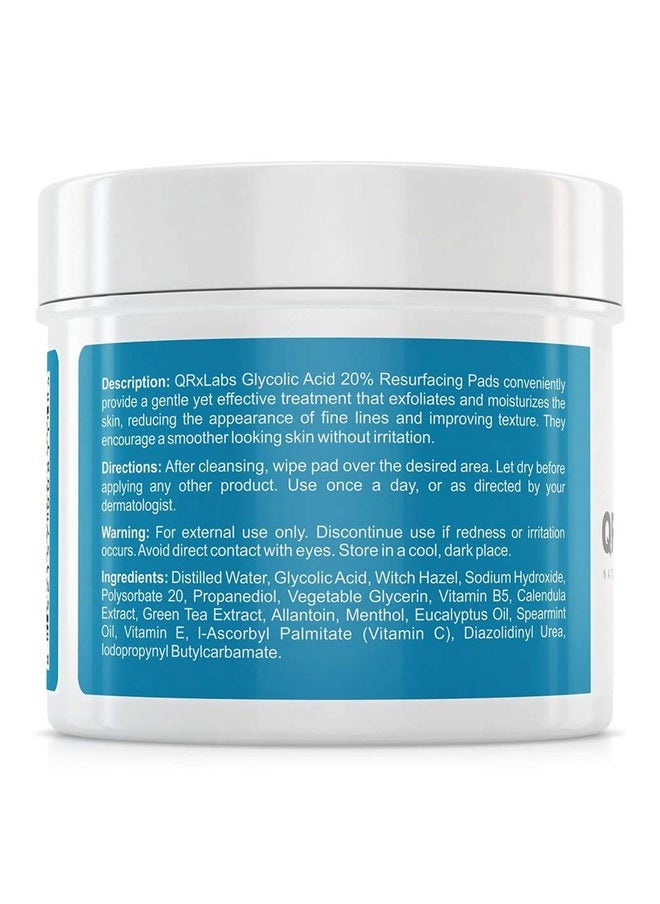 QRxLabs Glycolic Acid 20% Resurfacing Pads for Face & Body with Vitamins B5, C & E, Green Tea, Calendula, Allantoin - Exfoliates Surface Skin and Reduces Fine Lines and Wrinkles - Peel Pads