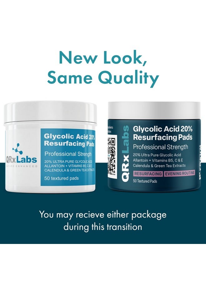 QRxLabs Glycolic Acid 20% Resurfacing Pads for Face & Body with Vitamins B5, C & E, Green Tea, Calendula, Allantoin - Exfoliates Surface Skin and Reduces Fine Lines and Wrinkles - Peel Pads