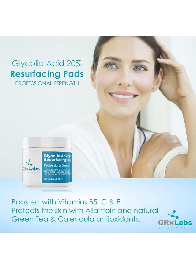 QRxLabs Glycolic Acid 20% Resurfacing Pads for Face & Body with Vitamins B5, C & E, Green Tea, Calendula, Allantoin - Exfoliates Surface Skin and Reduces Fine Lines and Wrinkles - Peel Pads