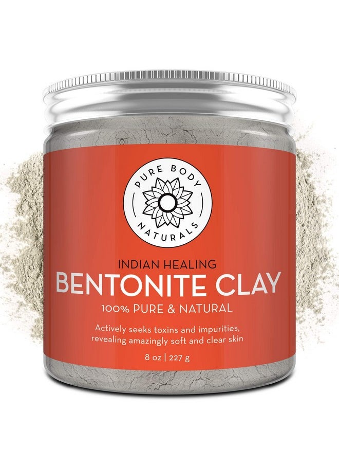 Pure Body Naturals Bentonite Clay Powder for DIY Detox Body & Face Mask, Pure Indian Healing Clay for Deep Pore Cleansing and Armpit Detox for Women, (8.0 oz)