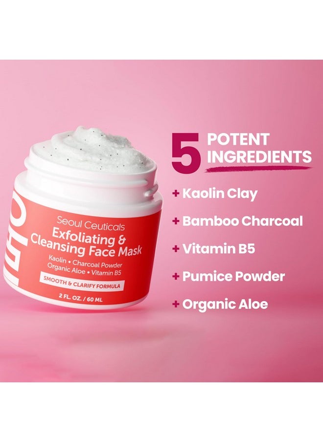 SeoulCeuticals Korean Face Scrub - Exfoliating Face Mask Skincare K Beauty Mask for Glass Skin - Kaolin Clay + Charcoal Cream Exfoliant Mask 2oz