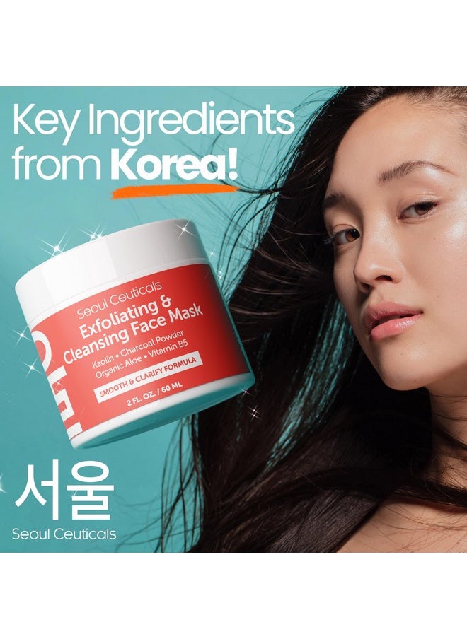 SeoulCeuticals Korean Face Scrub - Exfoliating Face Mask Skincare K Beauty Mask for Glass Skin - Kaolin Clay + Charcoal Cream Exfoliant Mask 2oz
