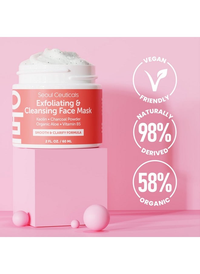 SeoulCeuticals Korean Face Scrub - Exfoliating Face Mask Skincare K Beauty Mask for Glass Skin - Kaolin Clay + Charcoal Cream Exfoliant Mask 2oz