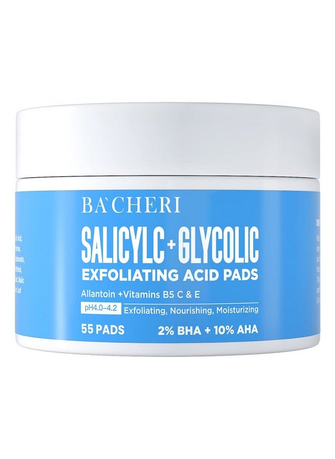 10% Glycolic Acid + 2% Salicylic Acid Peel Pads - BACHERI Resurfacing Pads For Face with Vitamins B5, C & E, Allantoin - Exfoliating Facial Peel for Dark Spots, Blackhead, Acne 55 Pads